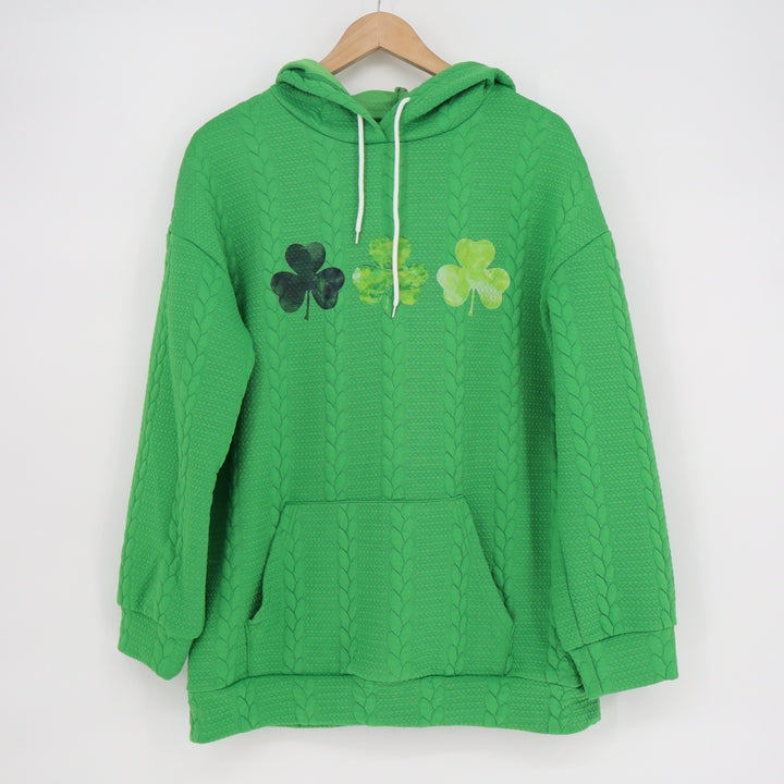 Let The Shenanigans Begin Hoodie Women Medium Green Printed Knit Kangaroo Pocket