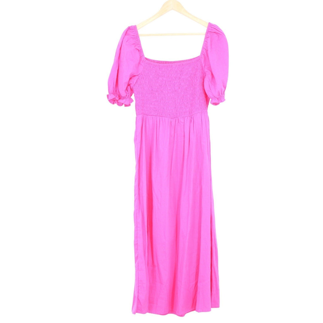 Rose Red Cotton Smocked Maxi Dress Puff Sleeve Square Neck M4K028 Size L