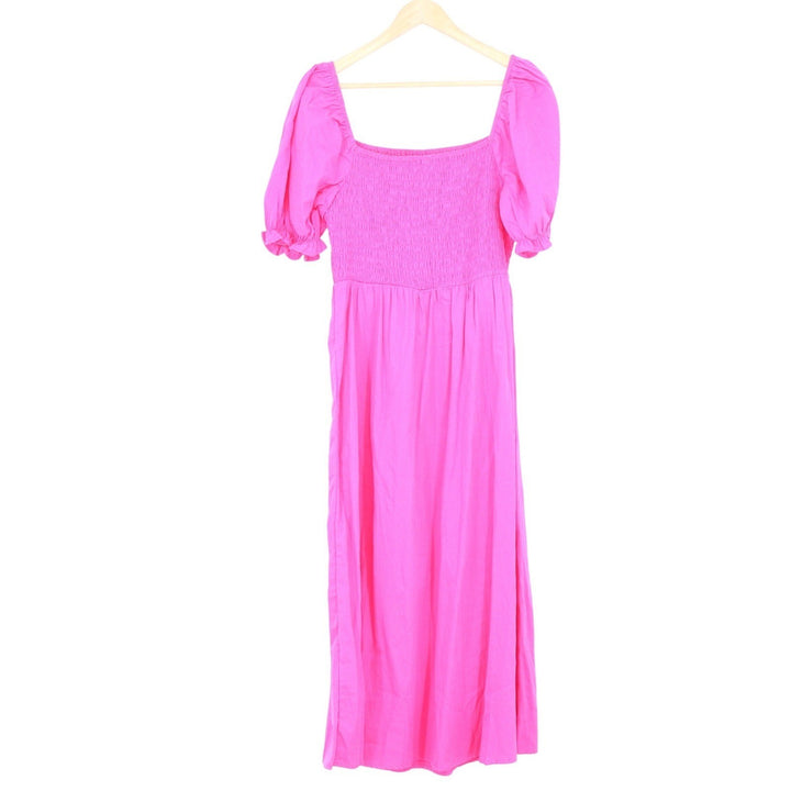 Rose Red Cotton Smocked Maxi Dress Puff Sleeve Square Neck M4K028 Size L