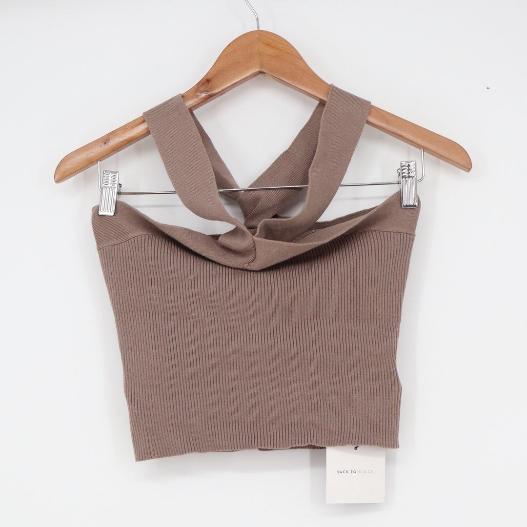 SHEIN Basics Taupe Brown Ribbed Twisted Front Halter Crop Top M