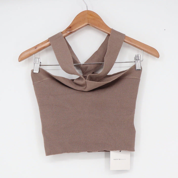 SHEIN Basics Taupe Brown Ribbed Twisted Front Halter Crop Top M