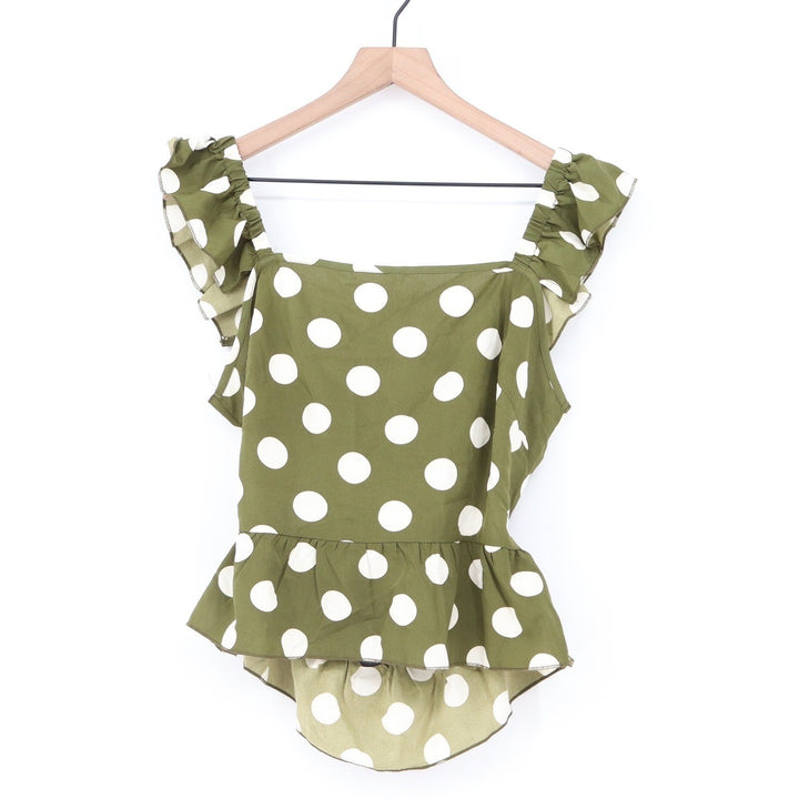 SHEIN Olive Green Polka Dot Ruffle Strap Peplum Top Back Tie Large L 8/10
