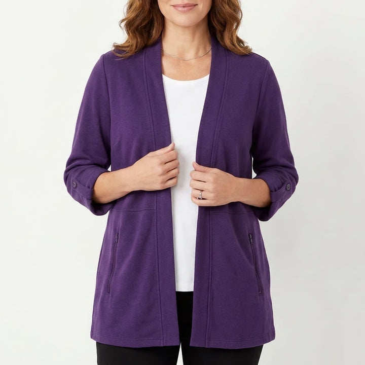 Karen Scott Sport Purple Open Front Cardigan XL 3/4 Sleeve Zip Pockets Cotton