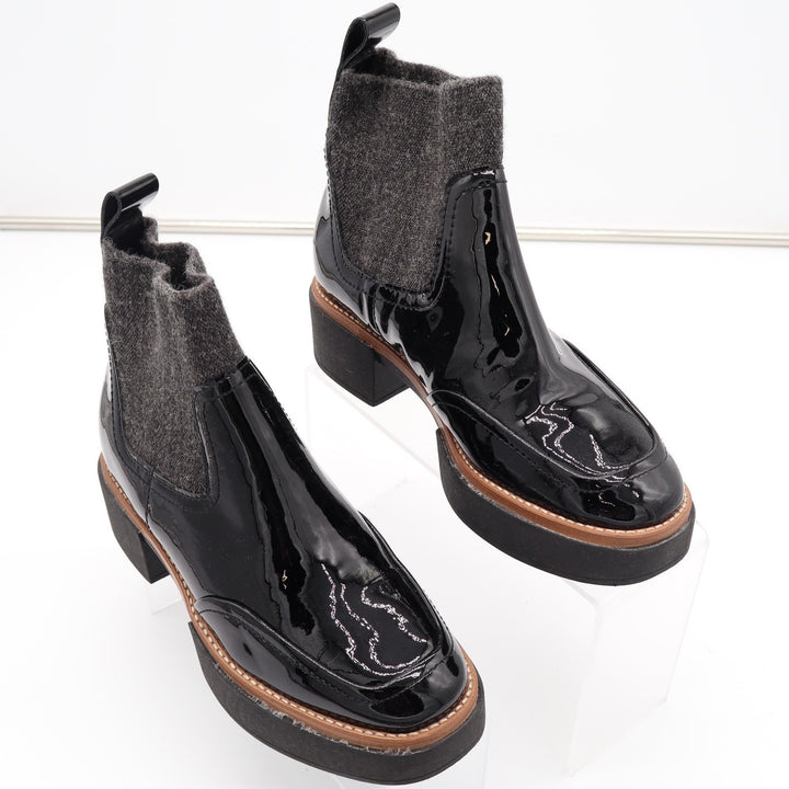 Dolce Vita Black Patent Leather Sock Chelsea Platform Boots Grey Knit Size 6