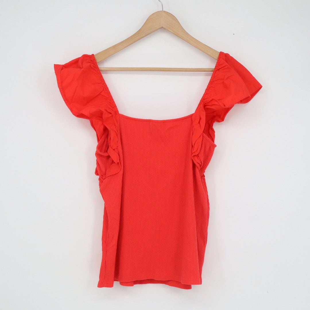 A New Day Womens XL Red Ruffle Flutter Sleeve Square Neck Ribbed Knit Top