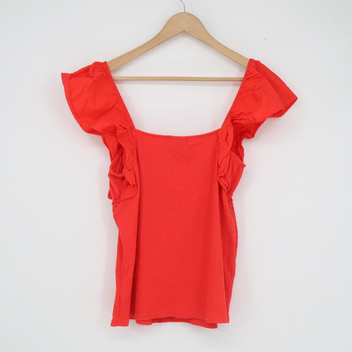 A New Day Womens XL Red Ruffle Flutter Sleeve Square Neck Ribbed Knit Top