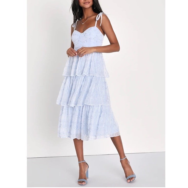 Lulus Vineyard Visit Midi Dress Womens Medium Blue Embroidered Tie-Strap Tiered