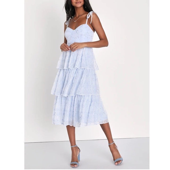 Lulus Vineyard Visit Midi Dress Womens Medium Blue Embroidered Tie-Strap Tiered