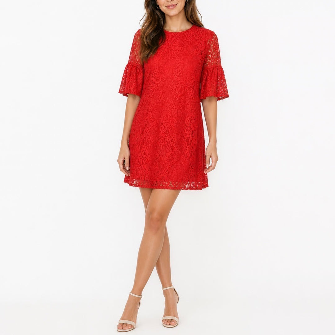 K Red Floral Lace Bell Sleeve Shift Dress Womens Large Knee Length
