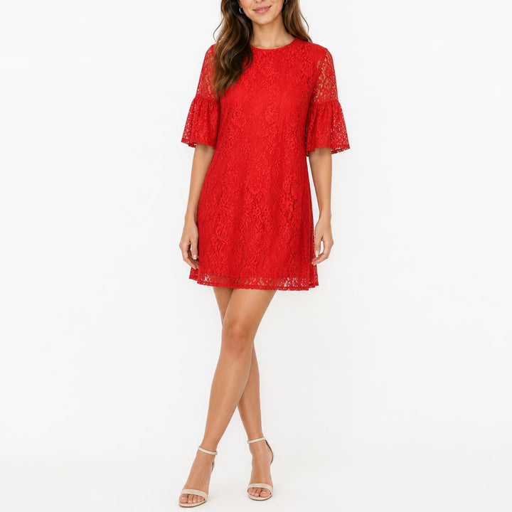 K Red Floral Lace Bell Sleeve Shift Dress Womens Large Knee Length