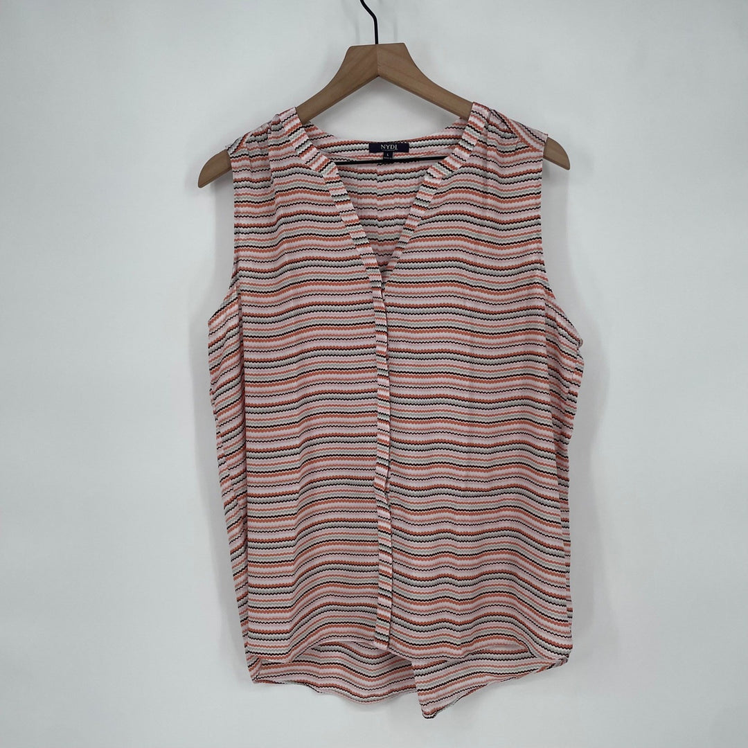 NYDJ Womens Size L Sleeveless V Neck Chevron Stripe Blouse Top Pink Orange Brown