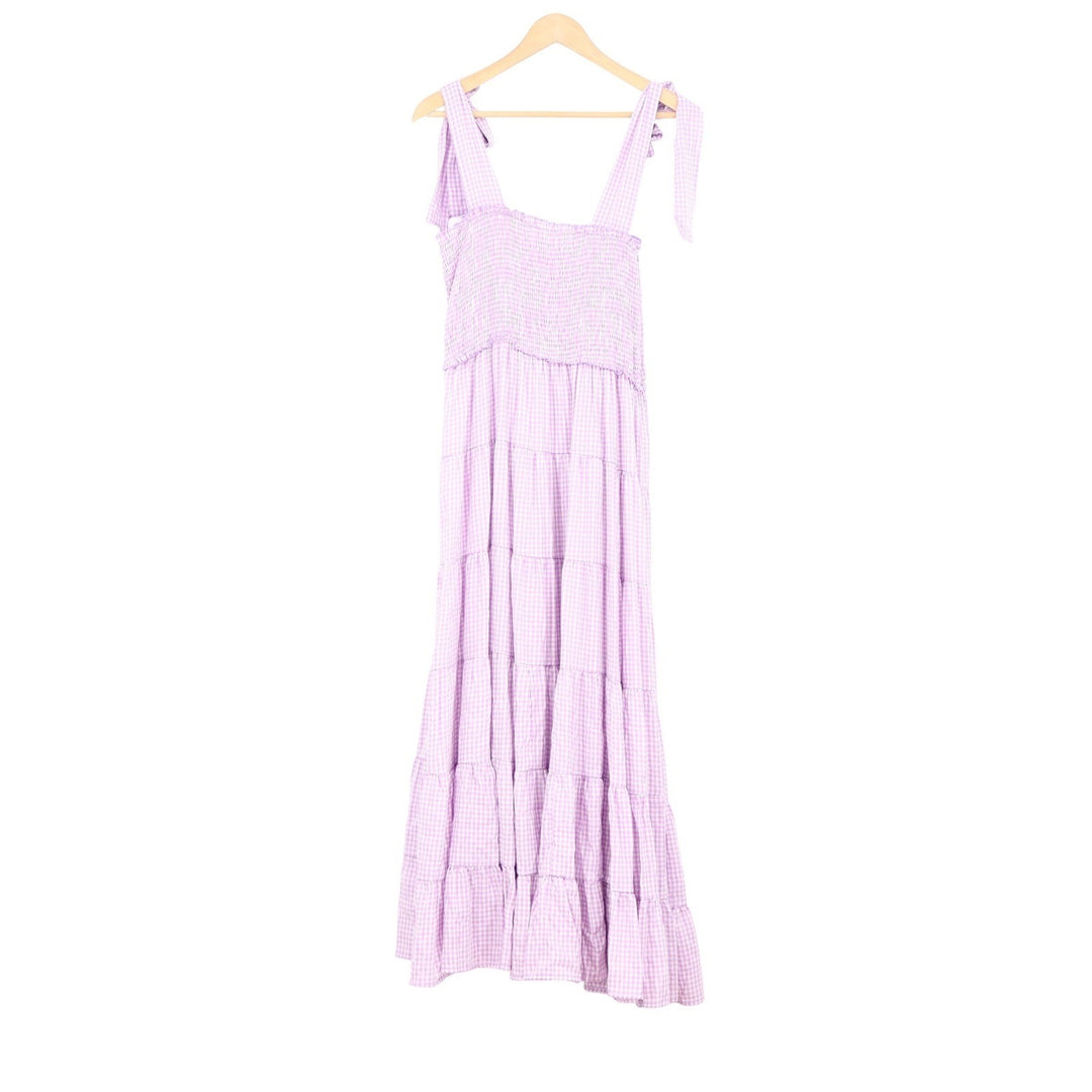 Purple Gingham Smocked Tiered Maxi Dress Tie Straps Lilac Checkered Large
