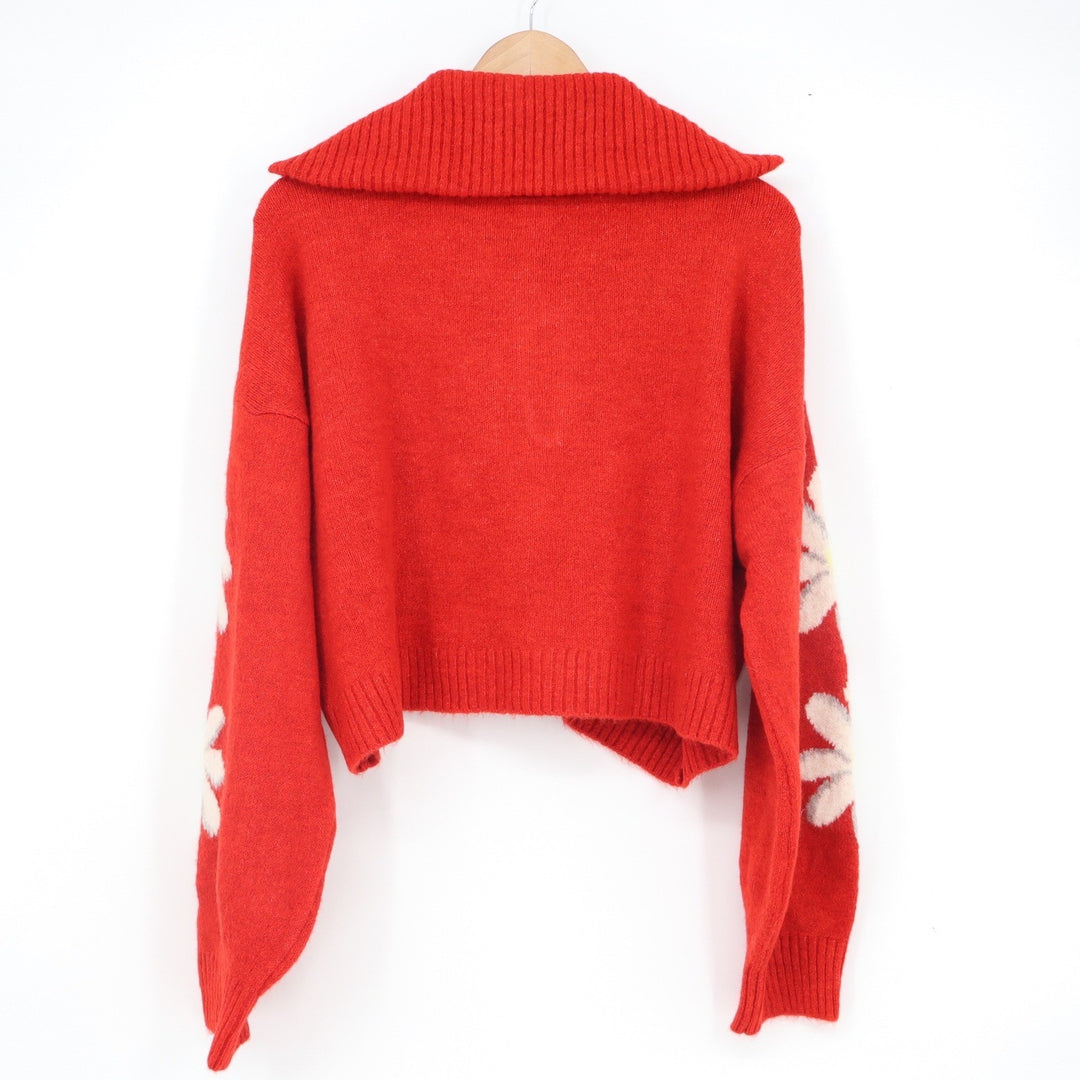 Topshop Red Daisy Floral Sleeve Quarter Zip Cropped Sweater US 12