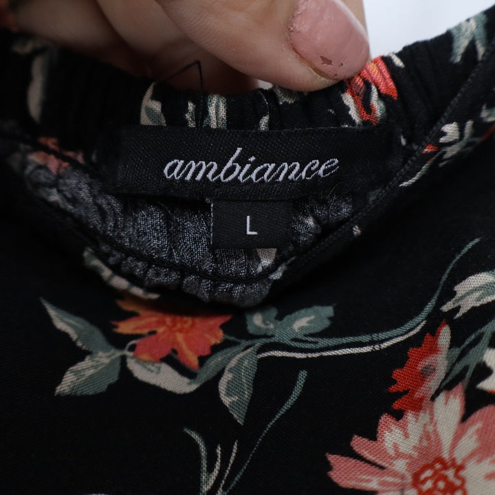 Ambiance Floral Maxi Dress Black Orange Ruffle Sleeve Slit Sweetheart Large