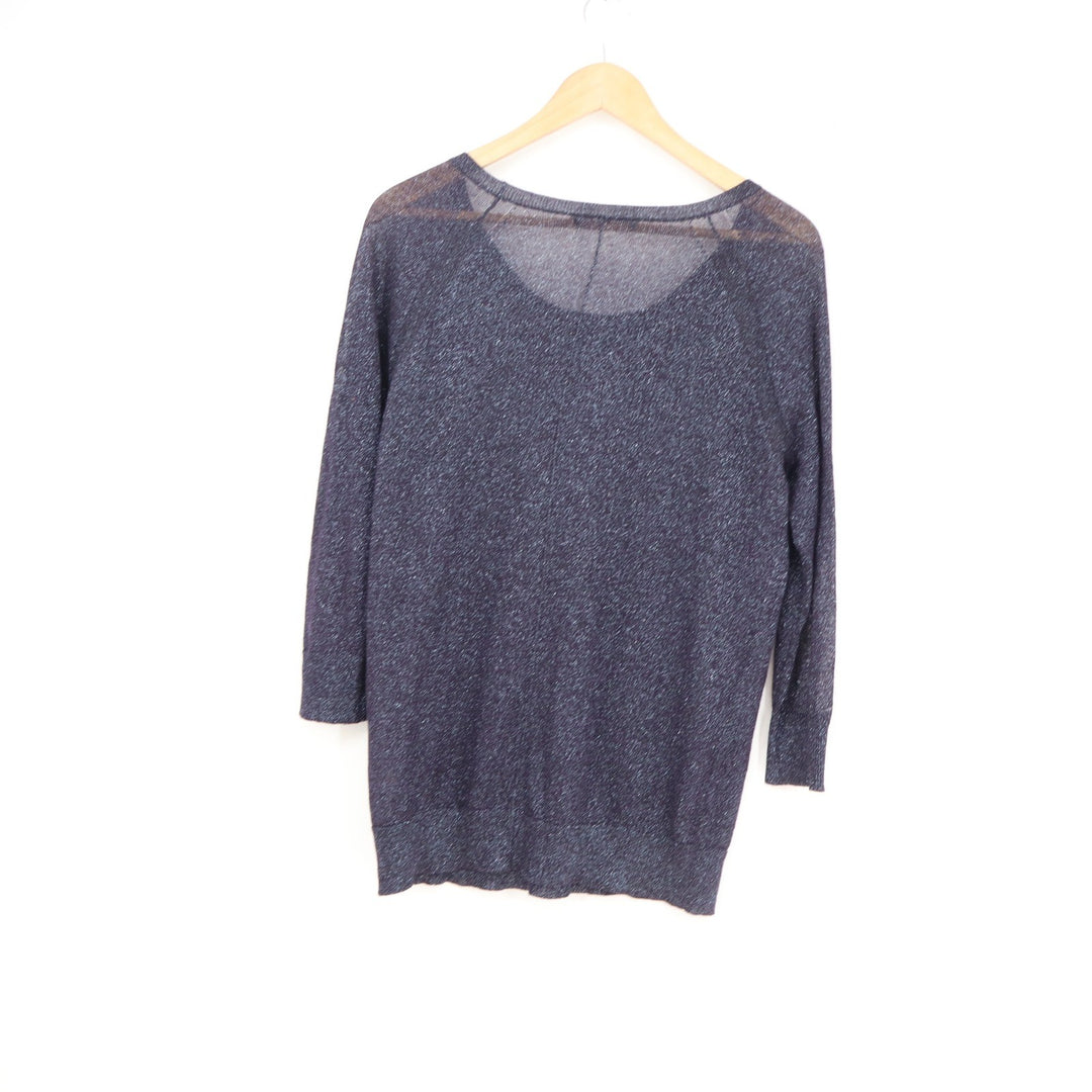 Gap Womens Navy Blue Metallic Shimmer Scoop Neck 3/4 Sleeve Sweater Small