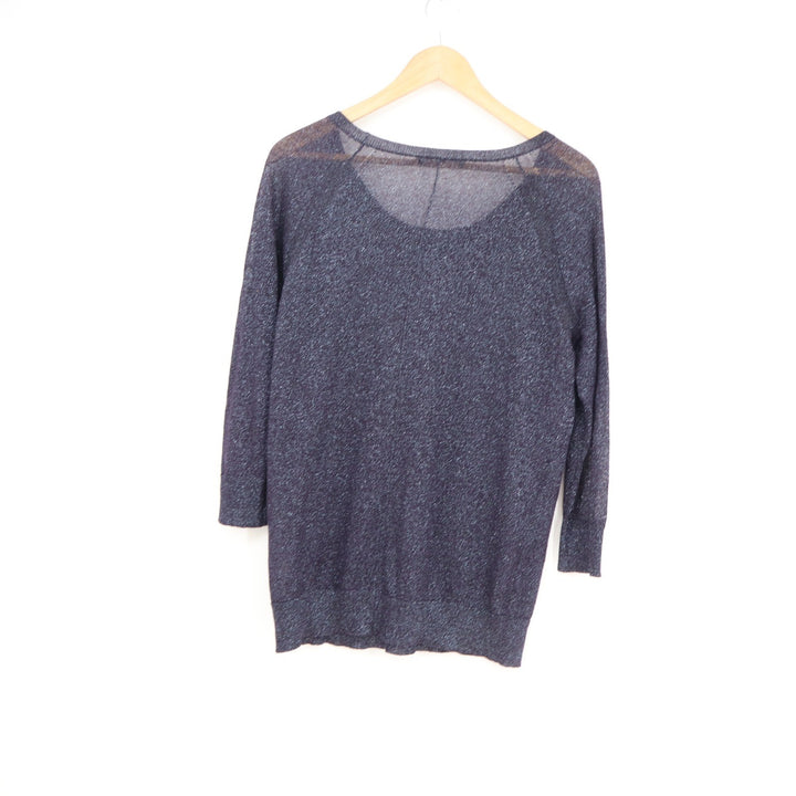 Gap Womens Navy Blue Metallic Shimmer Scoop Neck 3/4 Sleeve Sweater Small