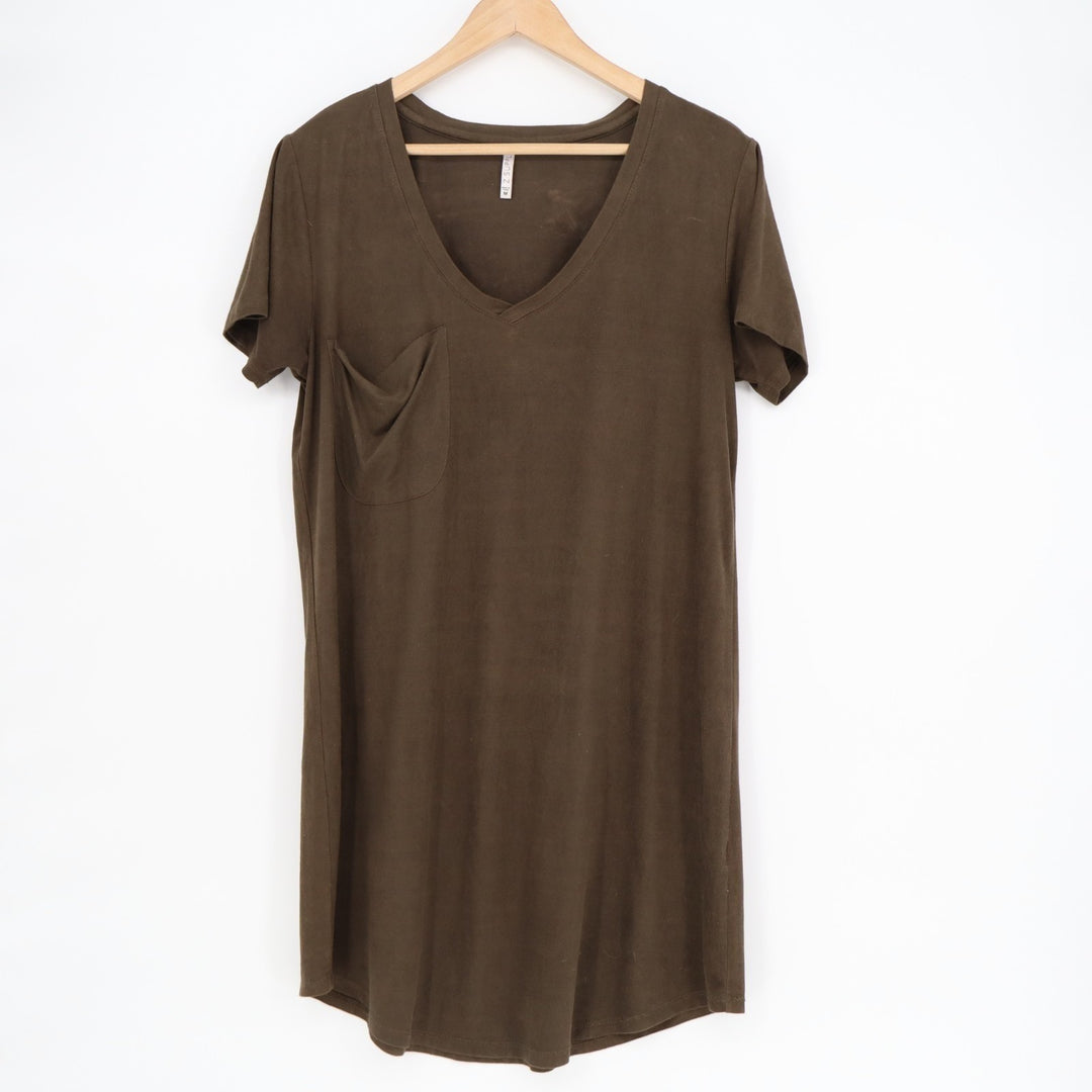 Z Supply T-Shirt Dress Womens Medium Brown V-Neck Front Pocket Short Sleeves