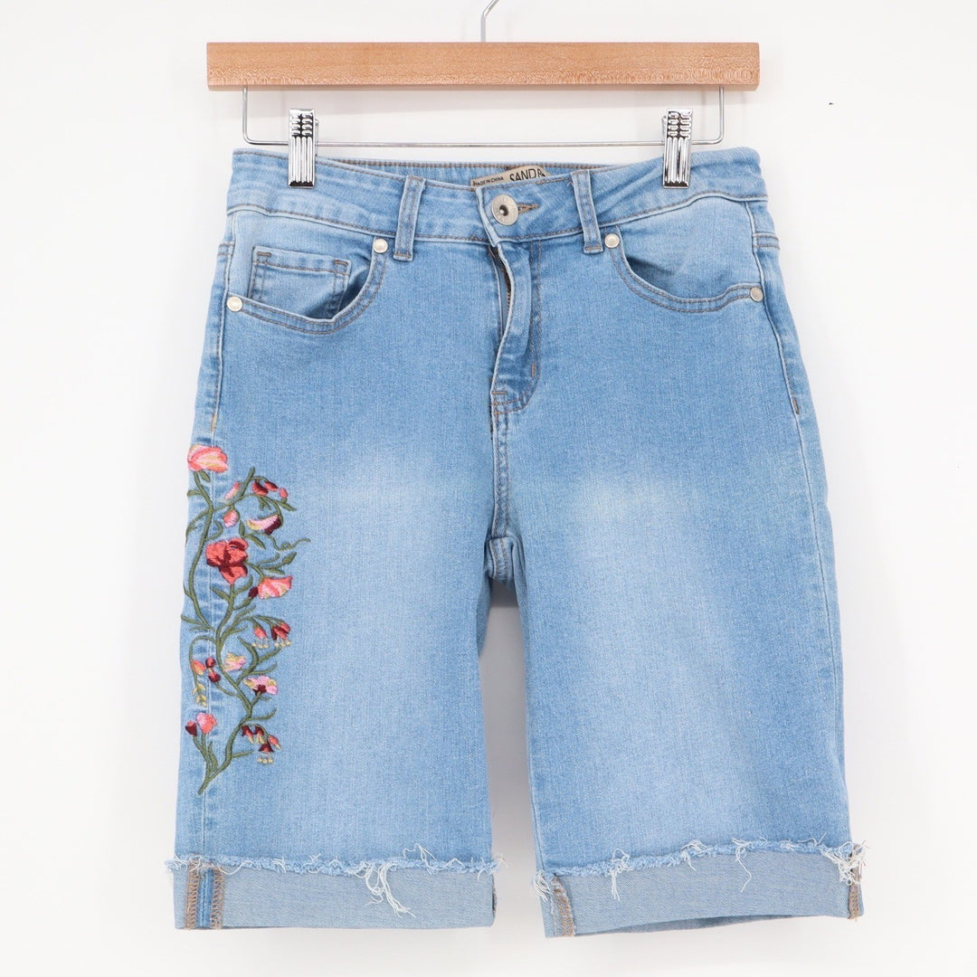 Sandper Petite Embroidered Floral Denim Bermuda Shorts Light Wash Blue 4P