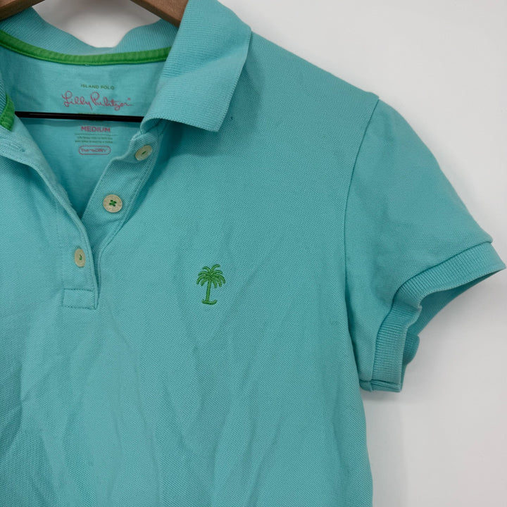 Lilly Pulitzer Island Polo Shirt Womens Medium Aqua Blue Cotton Trans Dry Golf