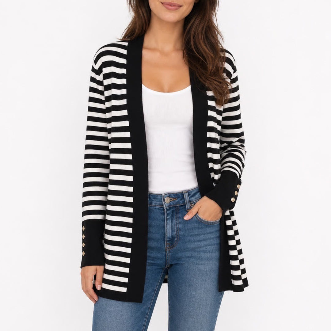 Joan Vass New York Womens XL Striped Open Front Cardigan Black White Gold Button