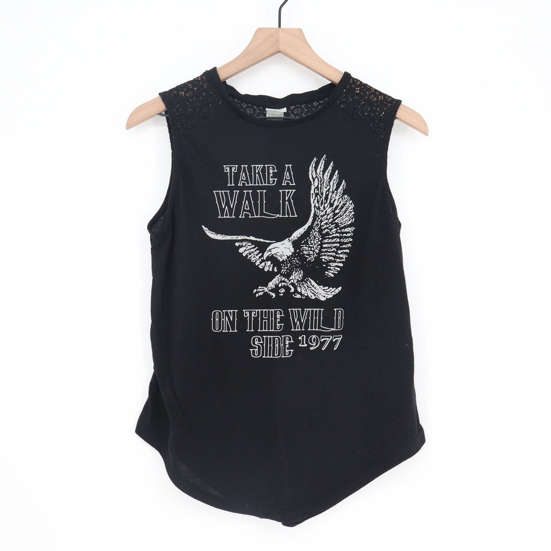 Freeze Womens Black Eagle Graphic Lace Shoulder Tank Top Take A Walk Wild Side L