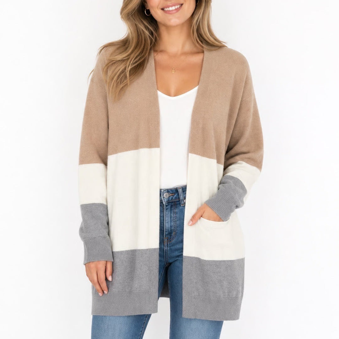Colorblock Open Front Longline Cardigan Tan Cream Grey Medium RC6002