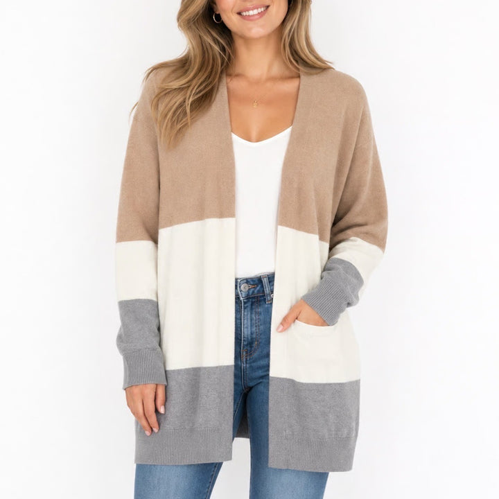 Colorblock Open Front Longline Cardigan Tan Cream Grey Medium RC6002