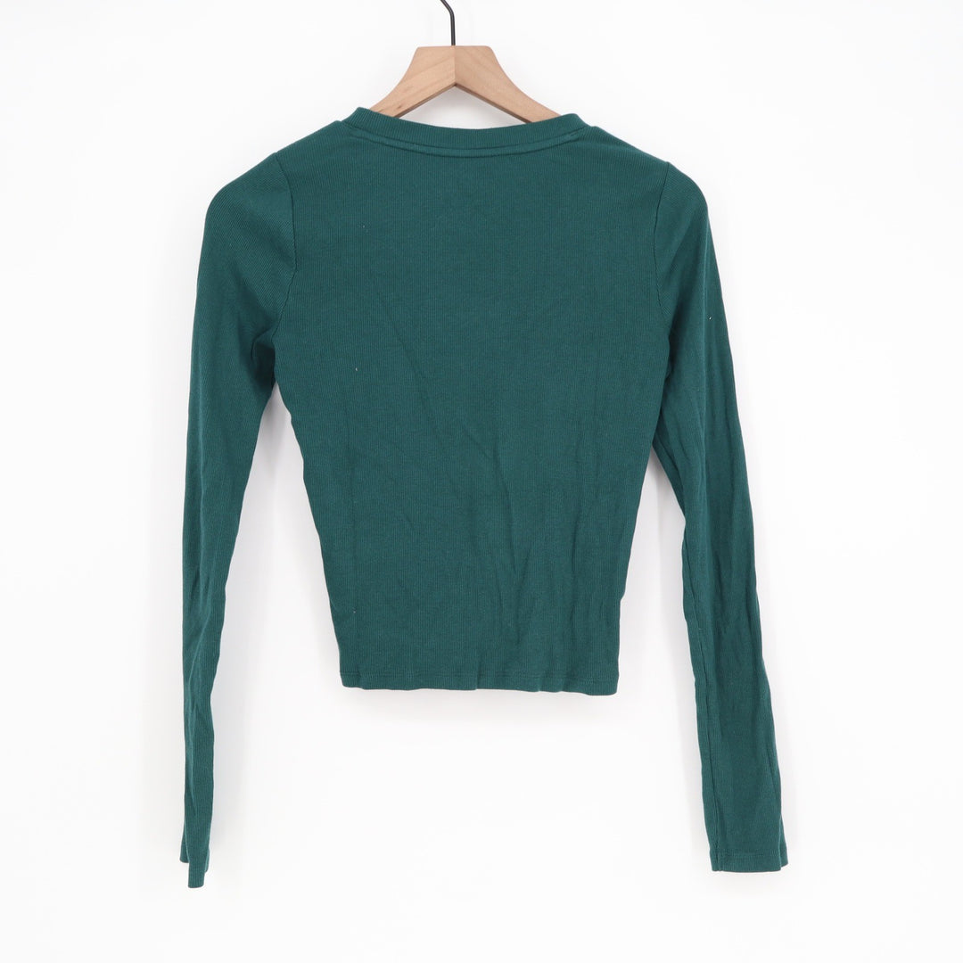 Hollister Must-Have Collection Dark Green Ribbed Long Sleeve Crew Neck Top