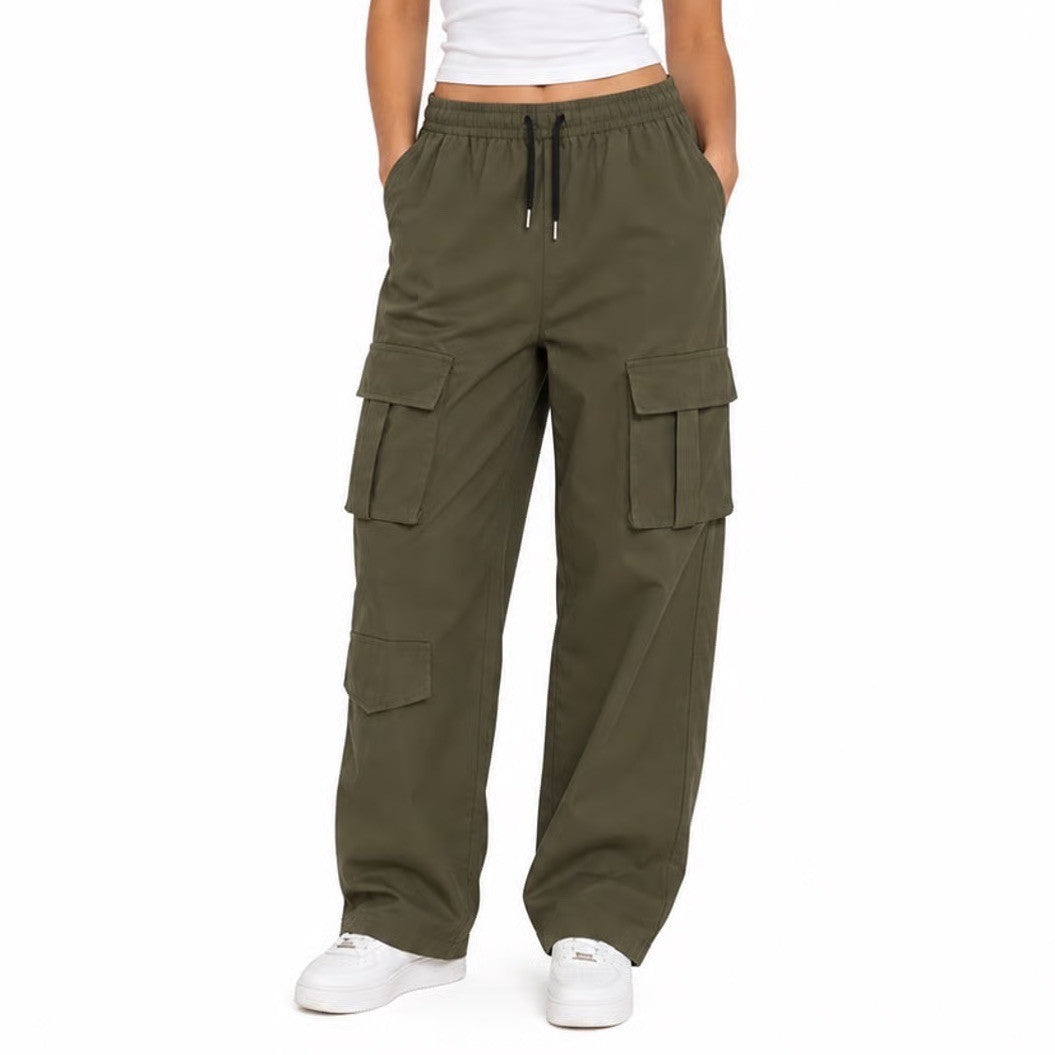 Olive Green Cargo Pants XL Elastic Waist Drawstring Multi Pocket Utility Pants