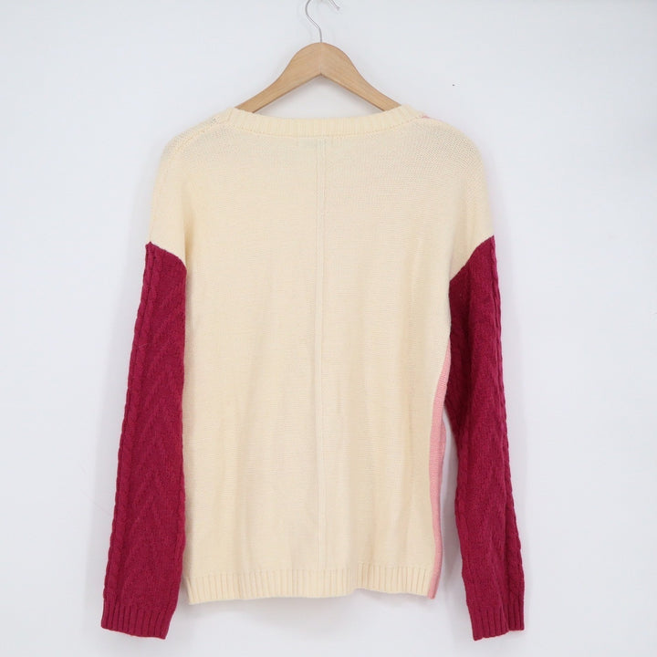 Small Town Sisters Boutique Colorblock Cable Knit Sweater Cream Pink Burgundy S