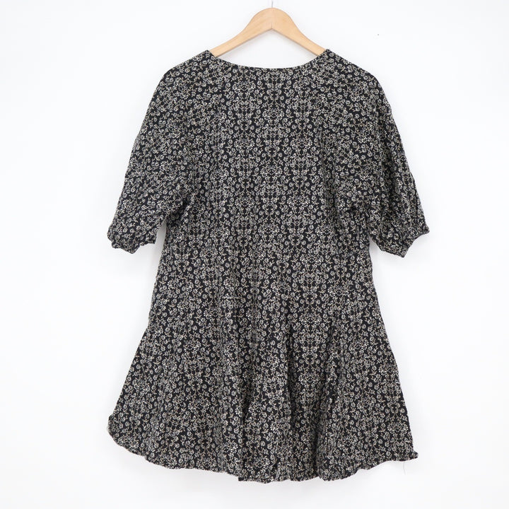 Universal Thread Black Floral V-Neck Tiered Mini Dress Short Puff Sleeve Large
