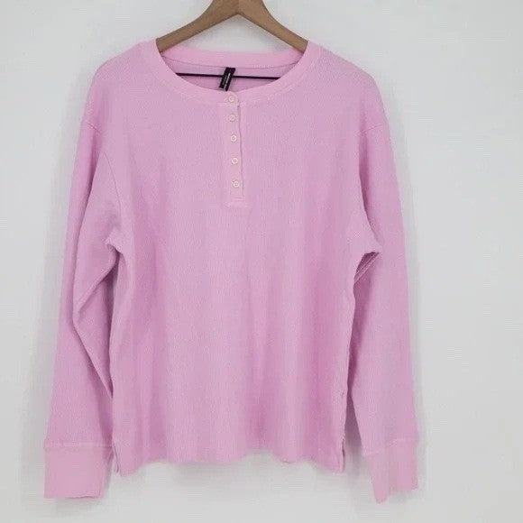 American Giant Thermal T-Shirt Womens L Pink Cotton Stretch Waffle Henley Neck