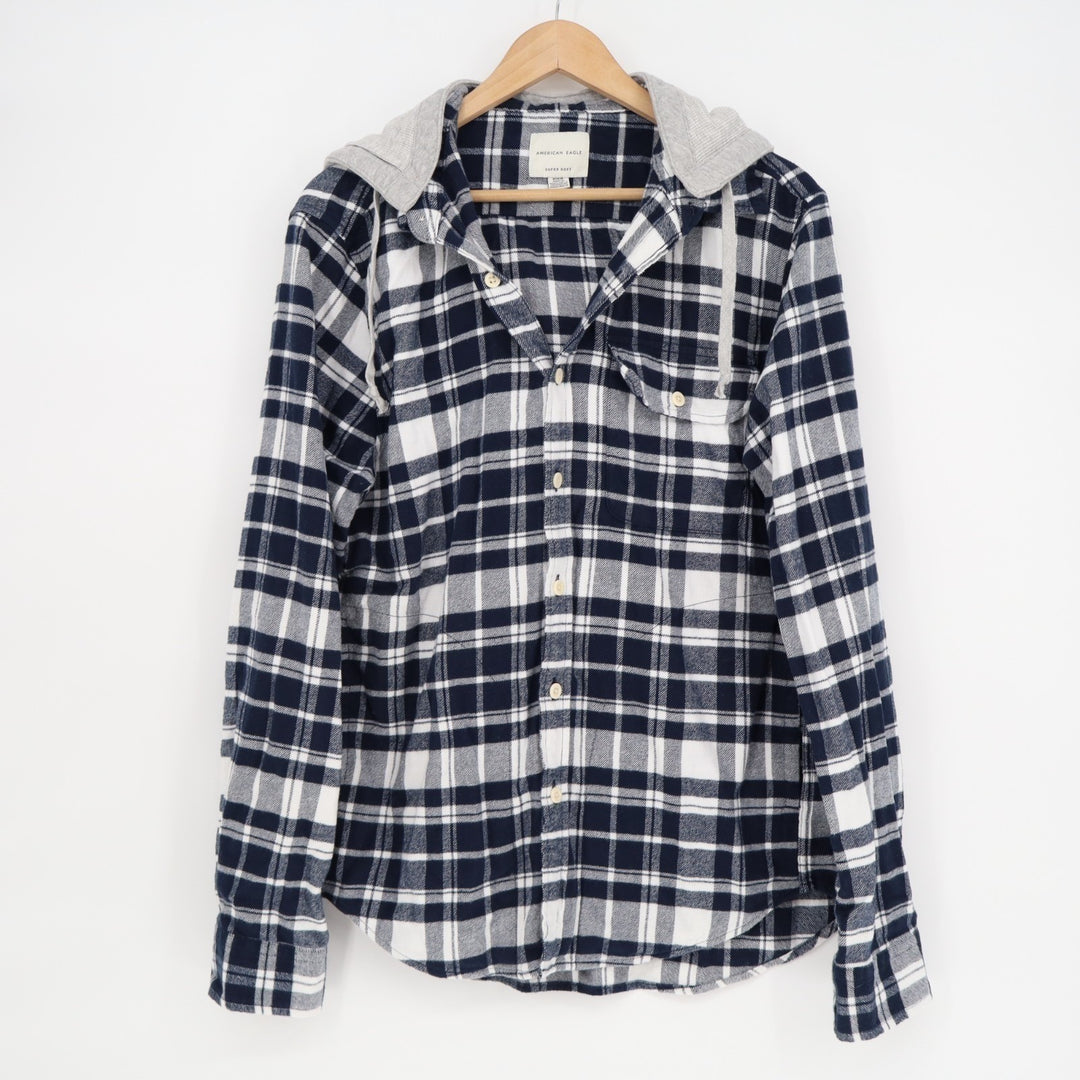 American Eagle Outfitters Flannel Shirt Mens Medium Blue White Cotton Hooded