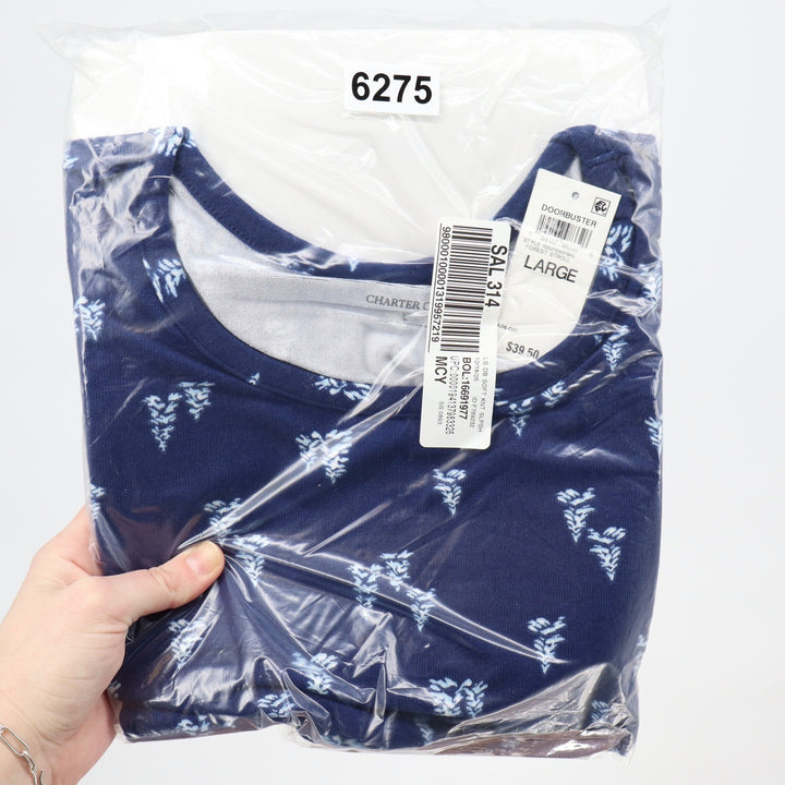 Charter Club Womens Navy Blue Floral Soft Knit Long Sleeve Sleep Shirt Large NEW