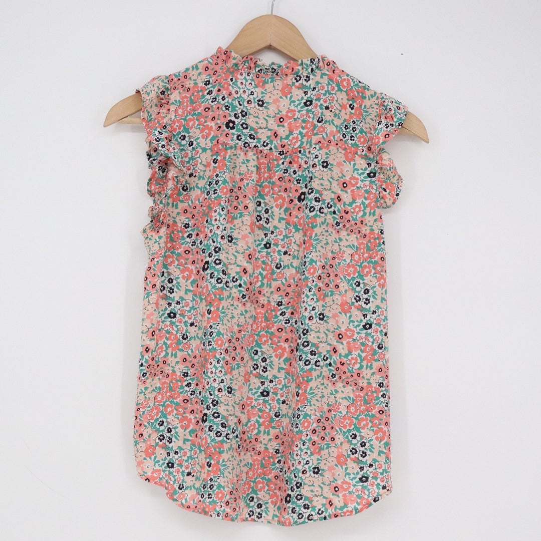 LOFT Womens XS Floral Smocked Ruffle Sleeveless Blouse Coral Teal Split Neck Top