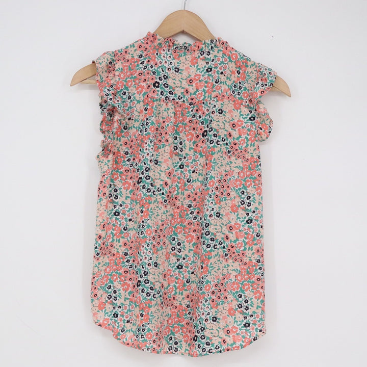 LOFT Womens XS Floral Smocked Ruffle Sleeveless Blouse Coral Teal Split Neck Top