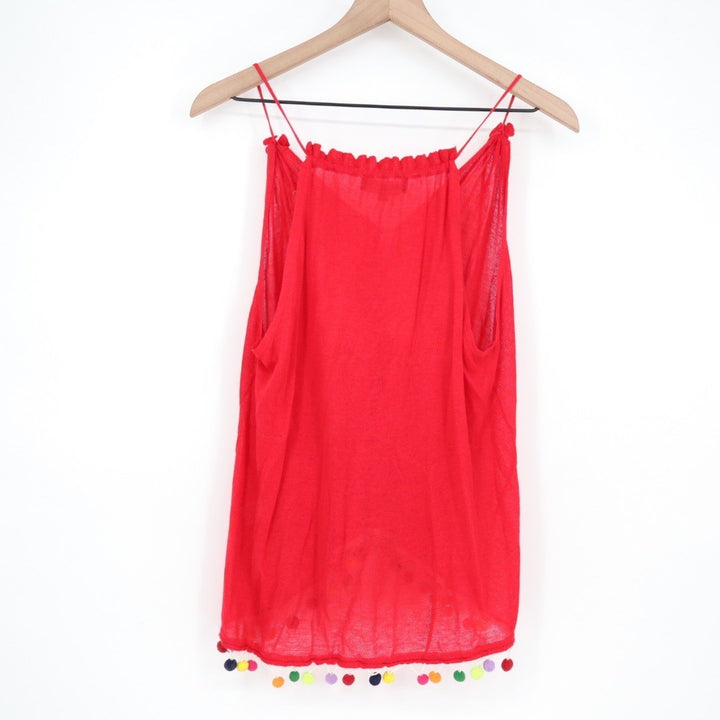 Central Park West Red Linen Viscose Tank Tassels Pom Pom Embellished Size L