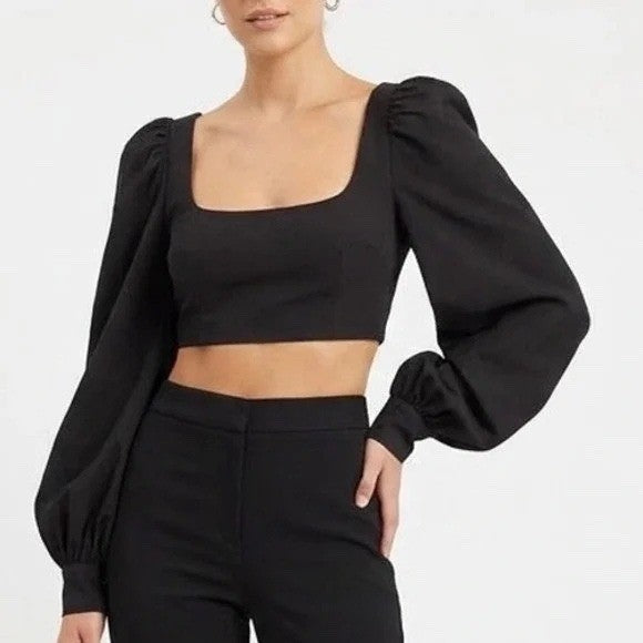 Naked Wardrobe The Statement Black Square Neck Balloon Sleeve Crop Top