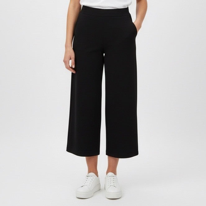 Black Cropped Wide Leg Pants Size L Cotton Blend Stretchy Pull On Pockets
