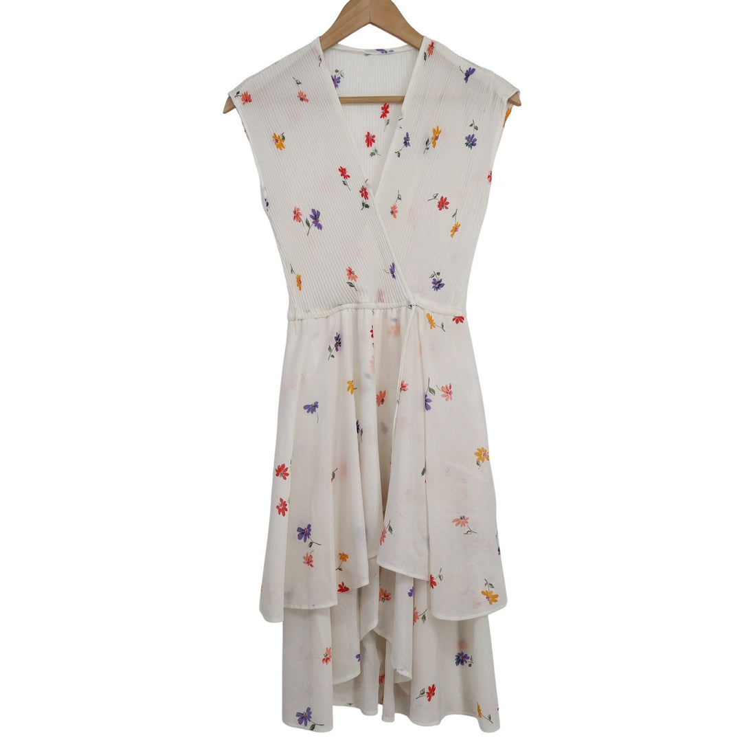 White Floral Pleated V-Neck Midi Dress Sleeveless High-Low Tiered Ruffle Skirt