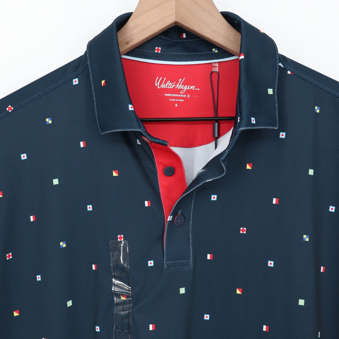 Walter Hagen Mens P11 Performance Polo Shirt Sailing Geo Navy Nautical Flag S