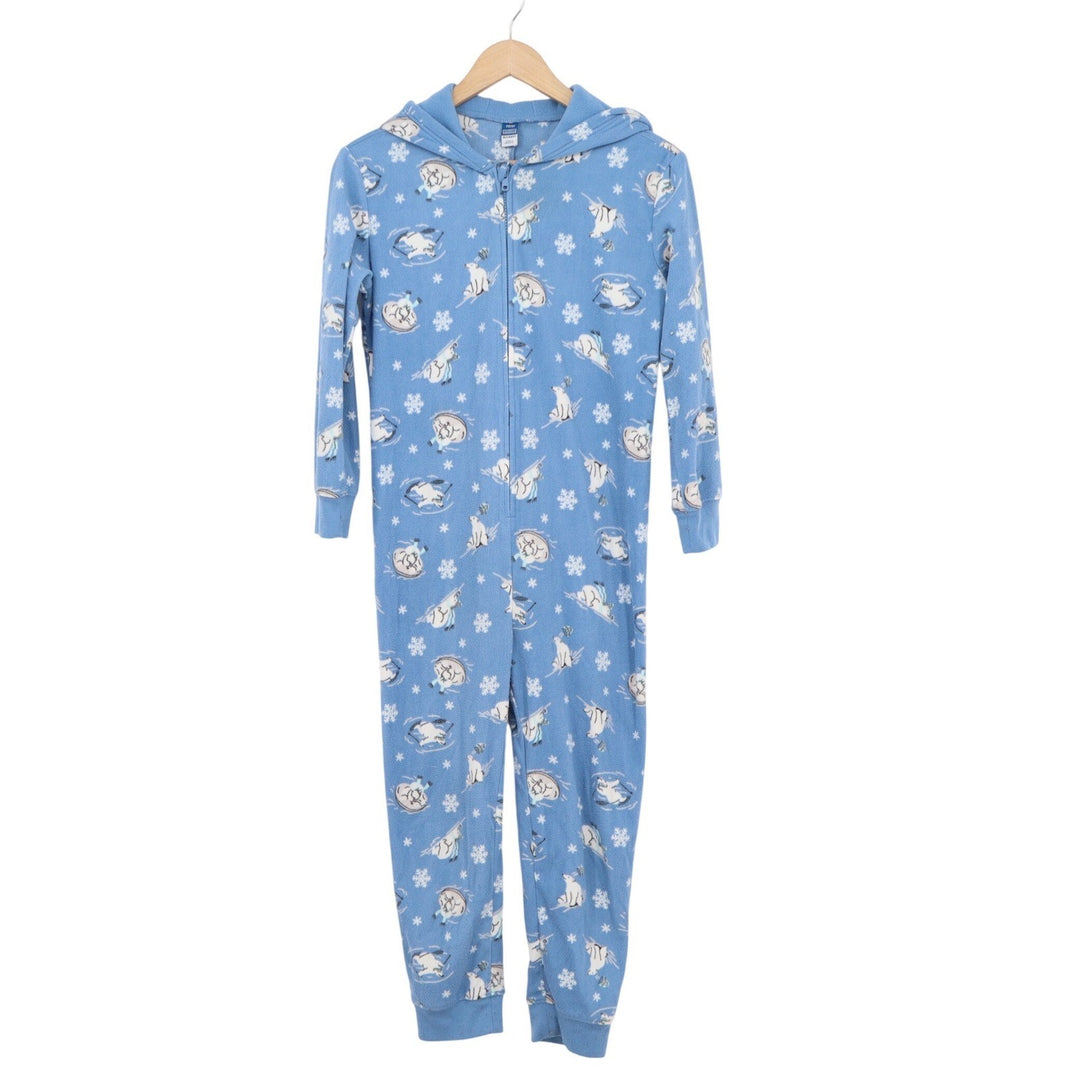 Old Navy Kids Blue Fleece Polar Bear Narwhal Hooded Union Suit Pajamas L 10-12