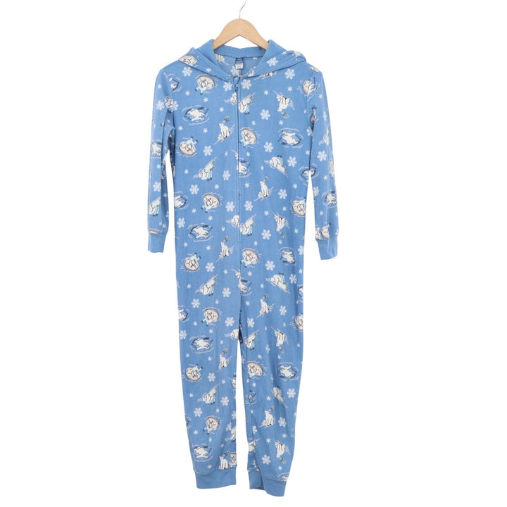 Old Navy Kids Blue Fleece Polar Bear Narwhal Hooded Union Suit Pajamas L 10-12