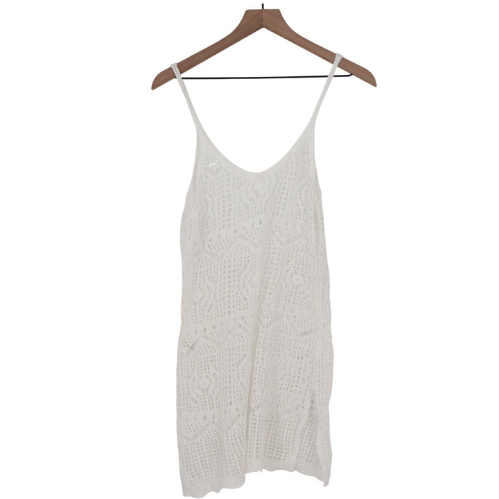 White Crochet Knit Beach Cover Up Dress Spaghetti Strap Mini V-Neck Large