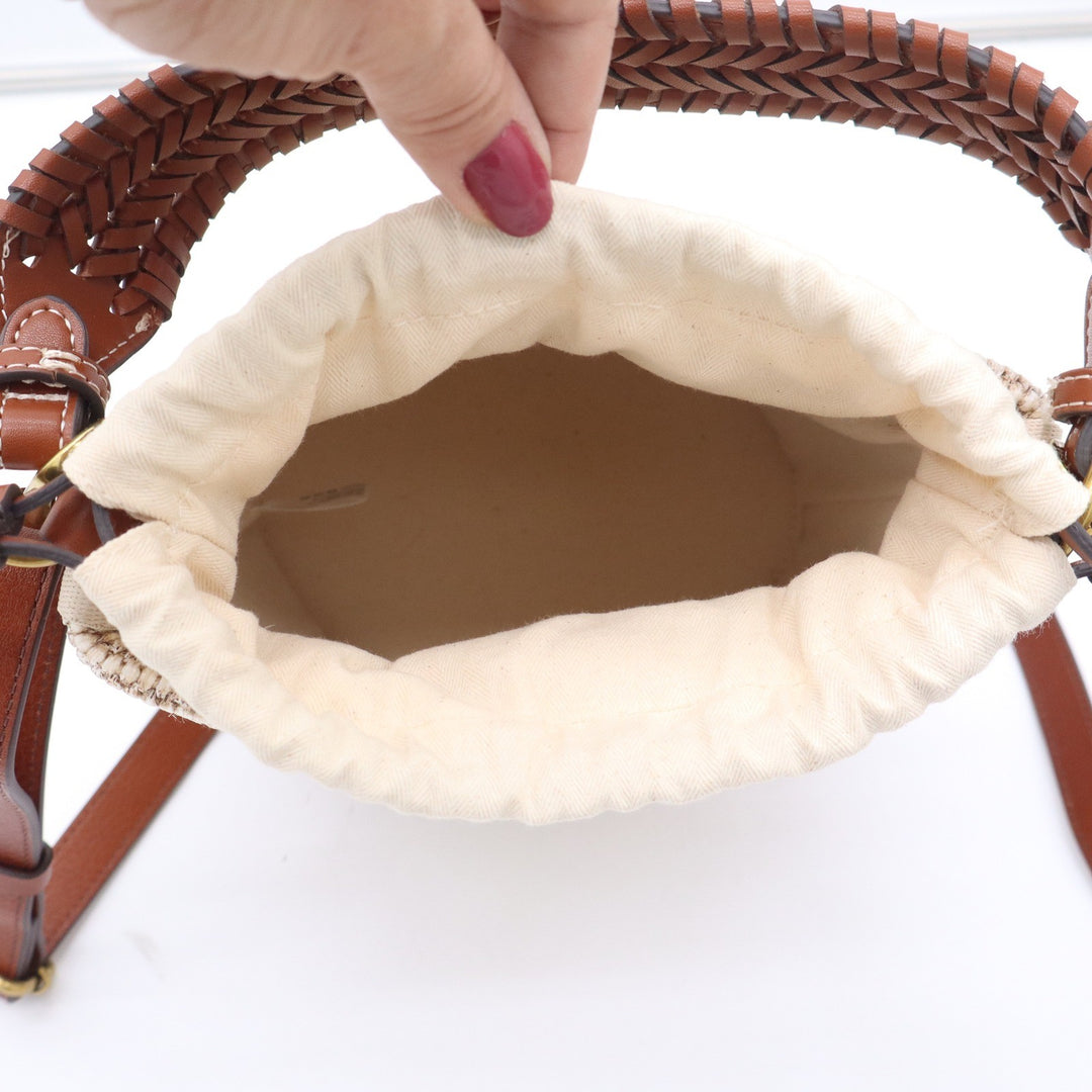 House of Harlow 1960 Woven Straw Leather Bucket Bag Brown Beige Crossbody