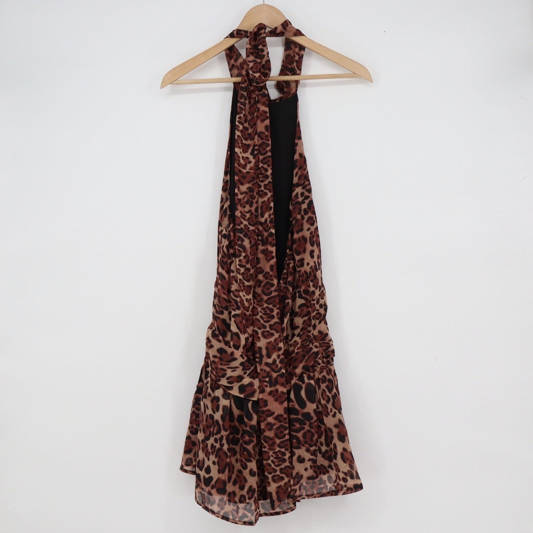 SHEIN Haute Leopard Print Halter Mini Dress Brown Ruffled Hem Size M