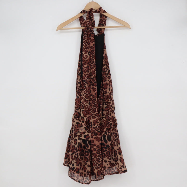 SHEIN Haute Leopard Print Halter Mini Dress Brown Ruffled Hem Size M