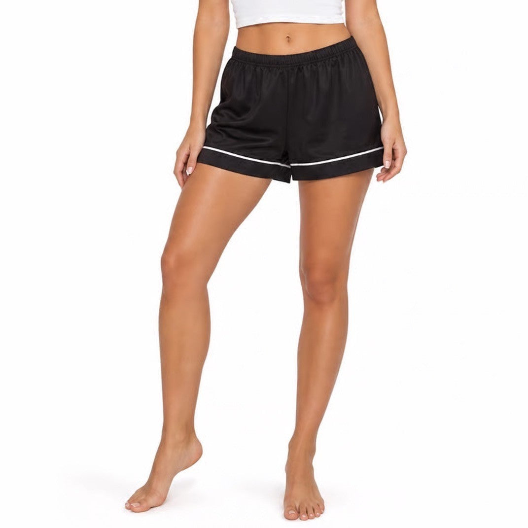 Black Satin Pajama Shorts with White Piping Elastic Waist Size Large