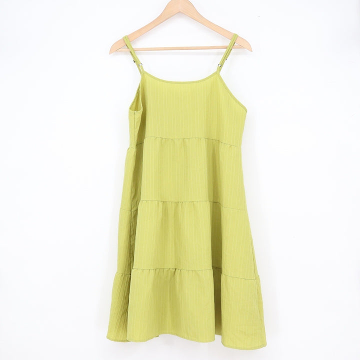 Lime Green Tiered Mini Sundress Adjustable Straps Striped Button Front Large