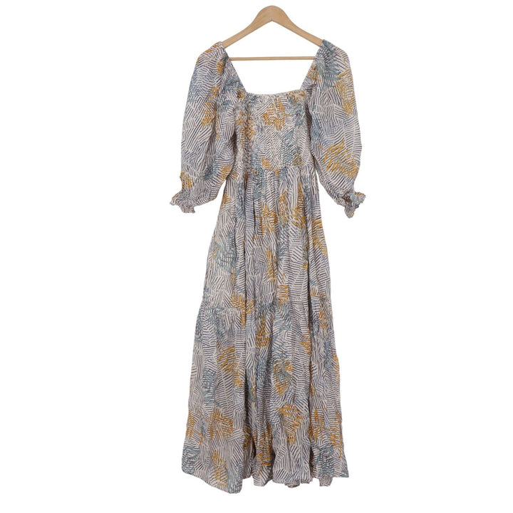 Fate Womens Smocked Puff Sleeve Maxi Dress Abstract Botanical Print M